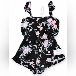 Yumi Kim Floral Romper Black Pink Pastel Print Adjustable Straps